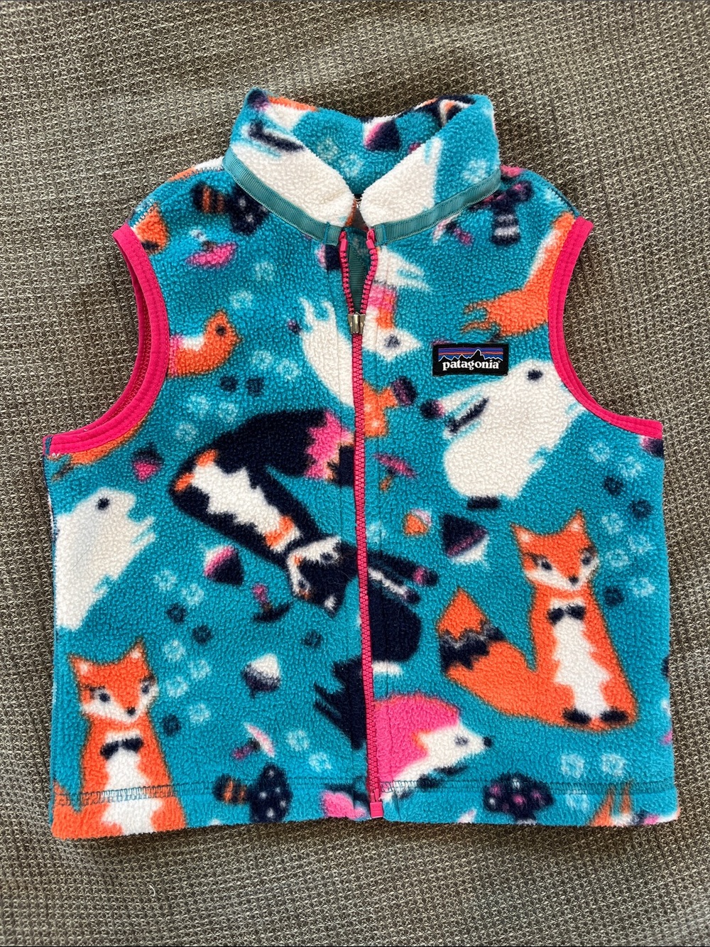 Patagonia Kids Fleece Vest - Animal Print- Teal, Orange, Pink, White, Navy